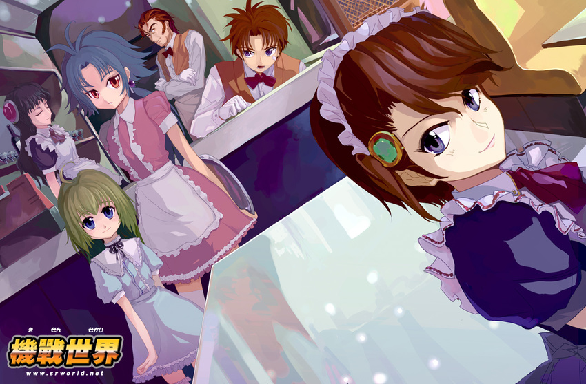 4girls akane_ardygun apron aria_advance artist_request bench blessfield_ardygun blue_dress blue_eyes brown_hair cafe dress dutch_angle glass green_hair indoors kazuma_ardygun looking_at_viewer maid mihiro_ardygun multiple_boys multiple_girls pink_dress puffy_short_sleeves puffy_sleeves red_hair shihomi_ardygun short_hair short_sleeves silver_hair standing super_robot_wars super_robot_wars_w table waist_apron waitress