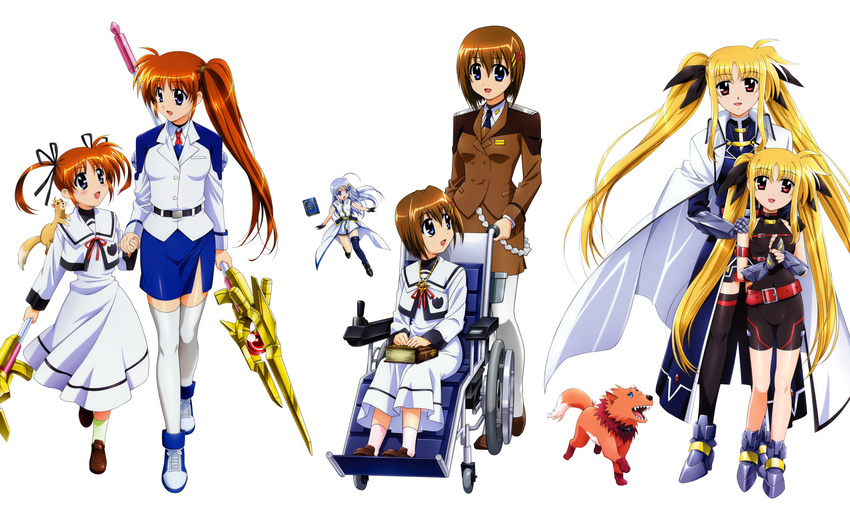 ahoge arf asymmetrical_legwear belt blonde_hair blue_hair book book_of_the_azure_sky brown_hair cape coat dog fate_testarossa ferret fingerless_gloves gauntlets gloves hair_ornament highres lyrical_nanoha magazine_(weapon) magical_girl mahou_shoujo_lyrical_nanoha mahou_shoujo_lyrical_nanoha_strikers military military_uniform minigirl multiple_girls okuda_yasuhiro pantyhose powered_wheelchair raising_heart red_hair reinforce_zwei side_ponytail single_thighhigh takamachi_nanoha thighhighs time_paradox tome_of_the_night_sky tsab_air_military_uniform tsab_ground_military_uniform uniform waist_cape wallpaper wheelchair x_hair_ornament yagami_hayate yuuno_scrya