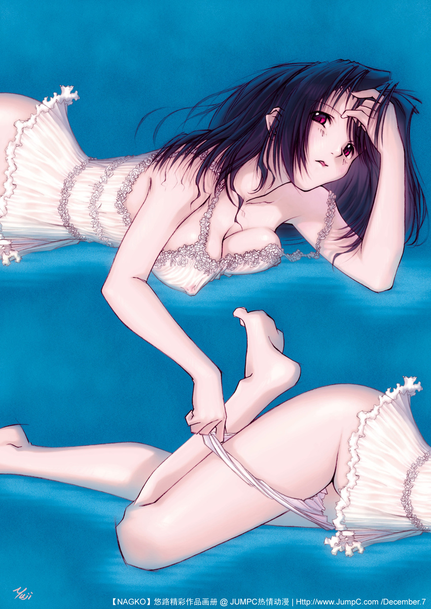 artist_name barefoot black_hair breast_press breasts cleavage covered_nipples feet hand_in_hair highres kobayashi_yuuji large_breasts lingerie long_hair lying multiple_girls original panties panty_pull red_eyes see-through signature underwear watermark web_address