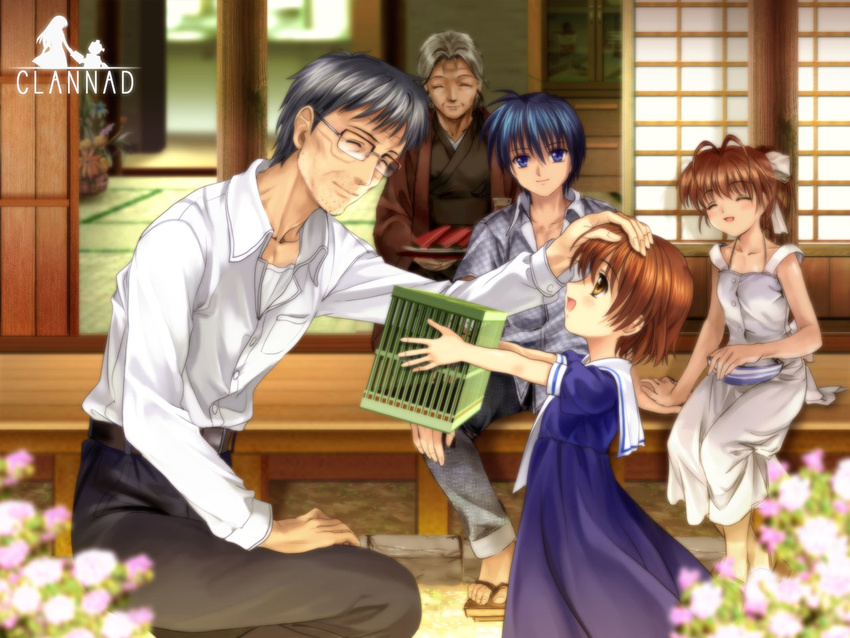 3girls blush brown_eyes brown_hair clannad family furukawa_nagisa multiple_boys multiple_girls mutsuki_(moonknives) okazaki_naoyuki okazaki_shino okazaki_tomoya okazaki_ushio petting veranda