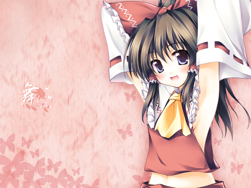 armpits arms_up ascot bow breasts brown_hair detached_sleeves frills hair_bow hair_tubes hakurei_reimu short_hair sideboob small_breasts solo tateha_(marvelous_grace) touhou upper_body wallpaper