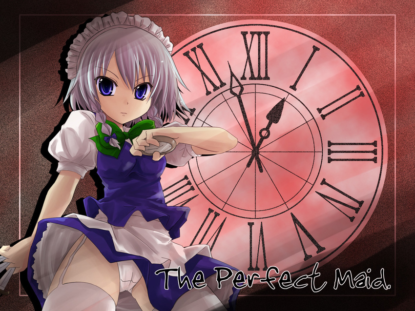 braid clock izayoi_sakuya kazami_ruku panties roman_numerals short_hair silver_hair solo thighhighs touhou twin_braids underwear wallpaper