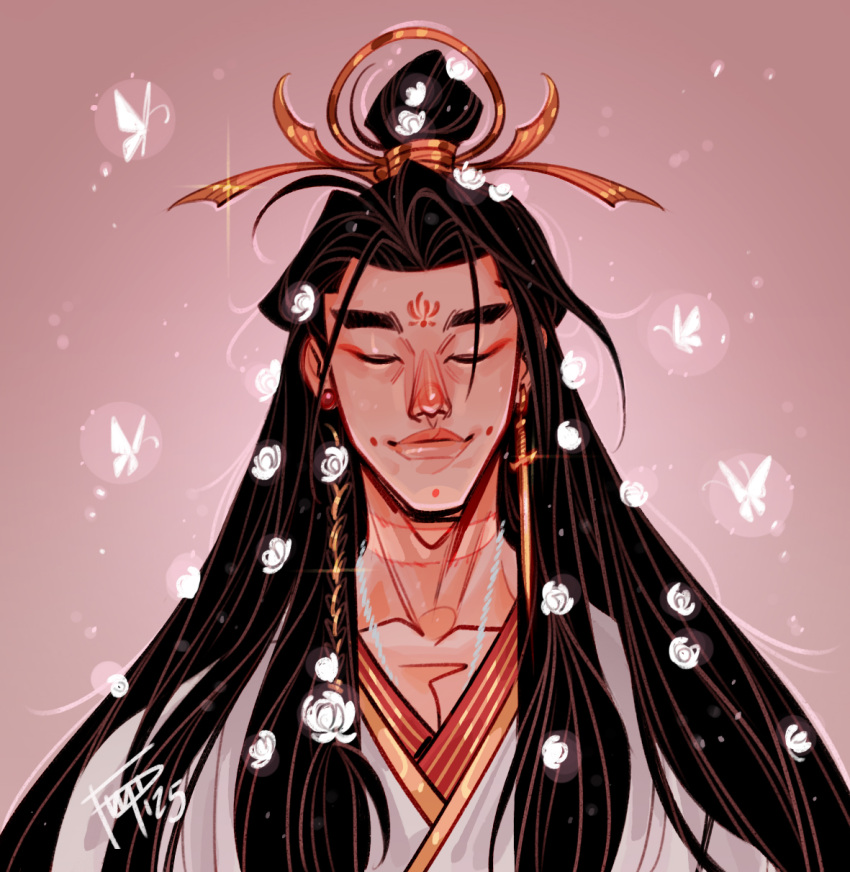 1boy black_hair braid bug butterfly chinese_clothes closed_eyes commentary cursed_shackle dimple earrings eyeliner flower fmd glowing glowing_butterfly glowing_flower hair_bun hair_flower hair_ornament hair_ribbon hanfu highres huadian jewelry layered_clothes long_hair makeup male_focus mismatched_earrings necklace parted_bangs pink_background portrait red_eyeliner ribbon scar scar_on_neck side_braid signature silver_necklace single_hair_bun smile solo sword_earrings symbol-only_commentary tianguan_cifu white_butterfly white_flower white_hanfu xie_lian