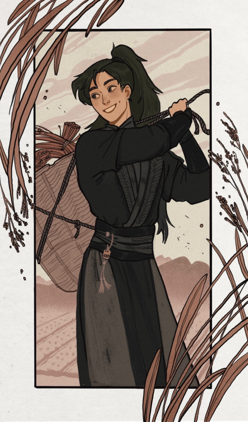 1boy basket black_border black_eyes black_hair black_hanfu border brown_sky brown_theme chinese_clothes cloud cloudy_sky commentary dimple erha_he_tadebai_mao_shizun field hanfu high_ponytail highres holding holding_basket long_hair long_sleeves looking_back male_focus mo_ran mountainous_horizon outdoors outside_border plant ponytail sky solo symbol-only_commentary tassel wheat white_border yaroslava_murashko