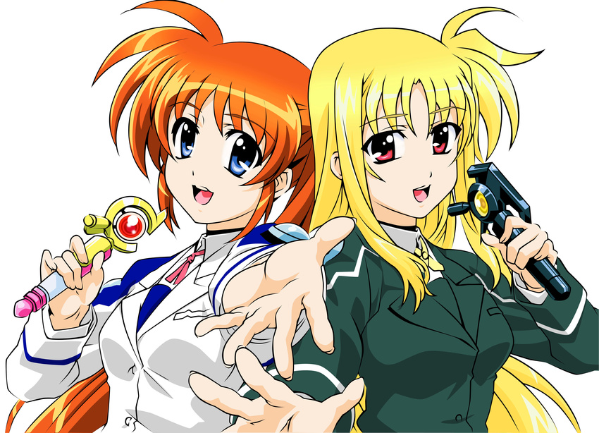 absurdres alternate_weapon artist_request bardiche blonde_hair fate_testarossa highres karaoke lyrical_nanoha mahou_shoujo_lyrical_nanoha_strikers military military_uniform multiple_girls music raising_heart red_hair side_ponytail singing takamachi_nanoha tsab_executive_military_uniform uniform weapon