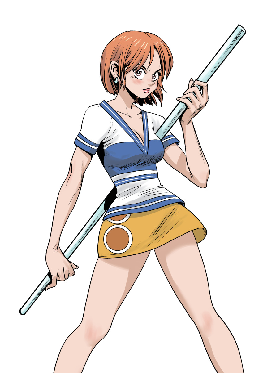 1girl absurdres bare_arms bare_legs blue_shirt blush breasts cleavage clima-tact closed_mouth collarbone earrings feet_out_of_frame fighting_stance hair_behind_ear highres holding holding_staff jewelry kikomauriz lips looking_at_viewer medium_breasts miniskirt nami_(one_piece) one_piece orange_hair pink_lips shirt short_hair short_sleeves skirt solo staff two-tone_shirt v-neck white_background white_shirt yellow_skirt