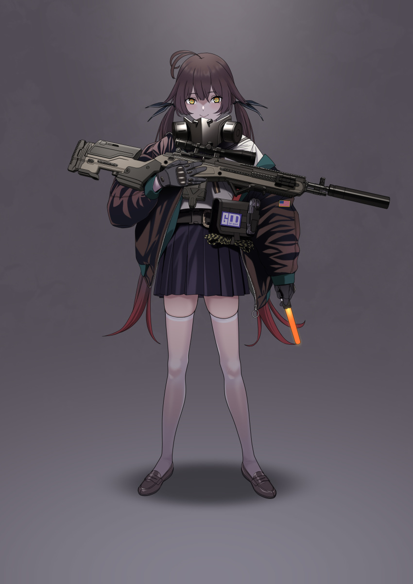 1girl absurdres ahoge american_flag battle_rifle brown_hair commentary full_body girls_frontline gloves glowstick gun highres holding holding_gun holding_weapon jacket loafers long_hair looking_at_viewer m14 m14_(girls_frontline) off_shoulder pleated_skirt pouch rifle rope scope shoes simple_background skirt smile solo suppressor symbol_commentary thighhighs twintails very_long_hair weapon white_legwear yellow_eyes yitiao_er-hua zettai_ryouiki