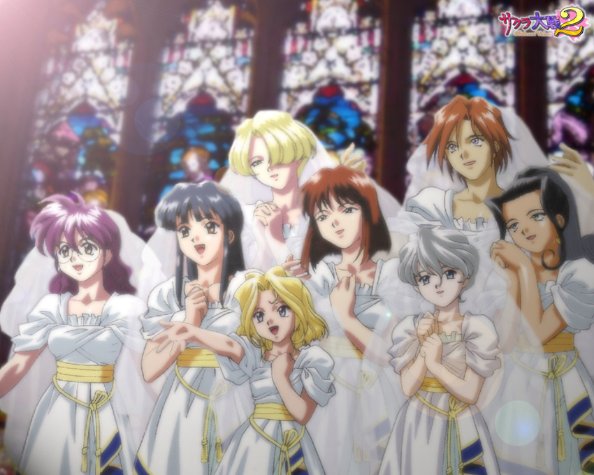 artist_request black_hair blonde_hair bride brown_hair dress glasses hair_over_one_eye iris_chateaubriand kanzaki_sumire kirishima_kanna leni_milchstrasse maria_tachibana multiple_girls purple_hair red_hair ri_kouran sakura_taisen sakura_taisen_ii shinguuji_sakura short_hair silver_hair soletta_orihime twintails wedding_dress