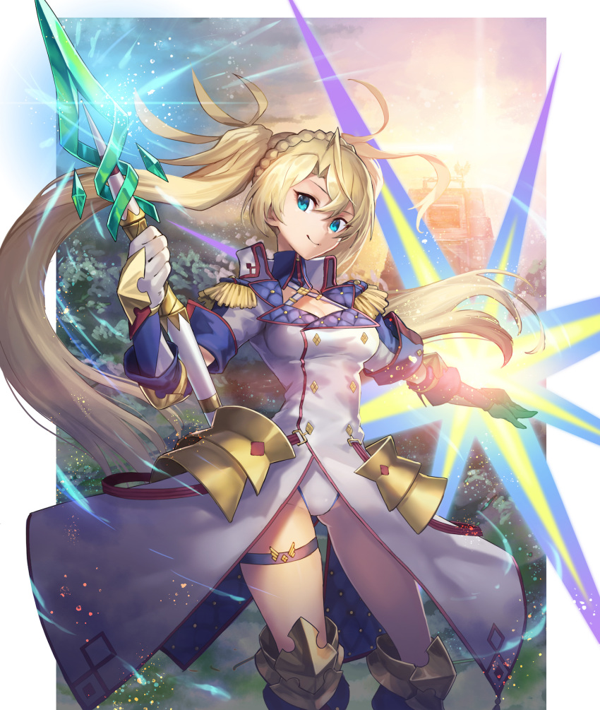 1girl bangs blonde_hair blue_eyes boots bradamante_(fate/grand_order) braid closed_mouth coat cowboy_shot crown_braid epaulettes fate/grand_order fate_(series) gloves highres holding holding_spear holding_weapon knee_boots leotard long_hair looking_at_viewer nkmr8 parted_bangs polearm popped_collar smile solo spear standing thighlet twintails weapon white_gloves white_leotard