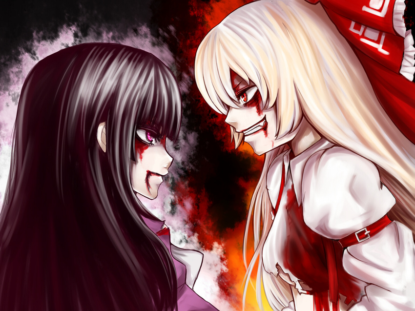 blood blood_on_face emerane fujiwara_no_mokou grin houraisan_kaguya multiple_girls profile rivalry smile touhou