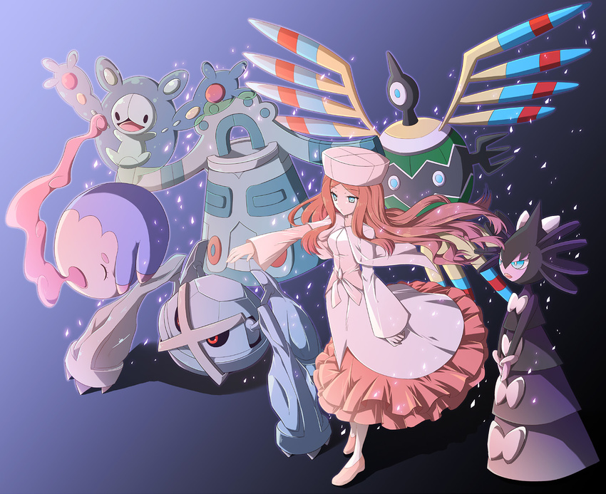 bronzong brown_hair cattleya_(pokemon) dress elite_four gen_3_pokemon gen_4_pokemon gen_5_pokemon gothitelle hat long_hair metagross musharna nu_(ukskuj) pokemon pokemon_(creature) pokemon_(game) pokemon_bw reuniclus sigilyph