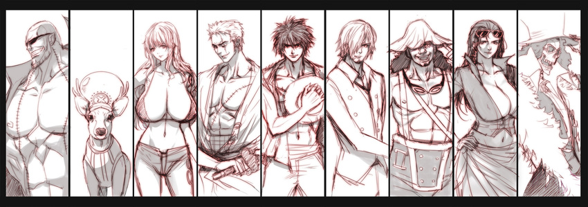 6+boys breasts brook column_lineup everyone formal franky glasses hat highres huge_breasts image_sample large_breasts long_hair monkey_d_luffy monochrome multiple_boys multiple_girls nami_(one_piece) nico_robin one_piece pixiv_sample q_azieru roronoa_zoro sanji scar short_hair straw_hat sword tony_tony_chopper usopp weapon