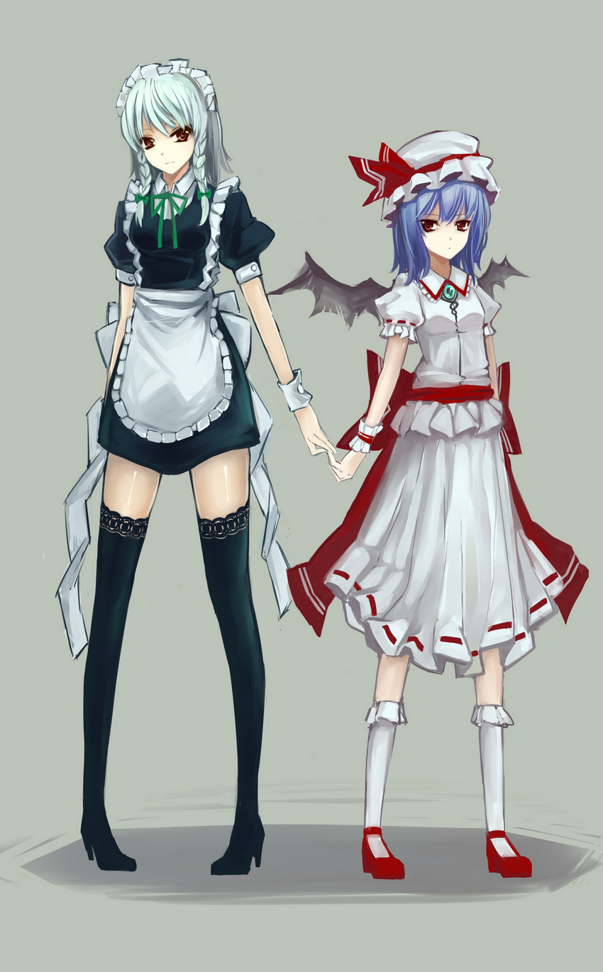 absurdres apron bad_id bad_pixiv_id bat_wings blue_hair bow braid dress hair_bow hat high_heels highres izayoi_sakuya kiwamu lace lace-trimmed_thighhighs maid maid_headdress multiple_girls red_eyes remilia_scarlet shoes short_sleeves thighhighs touhou twin_braids white_hair wings wrist_cuffs