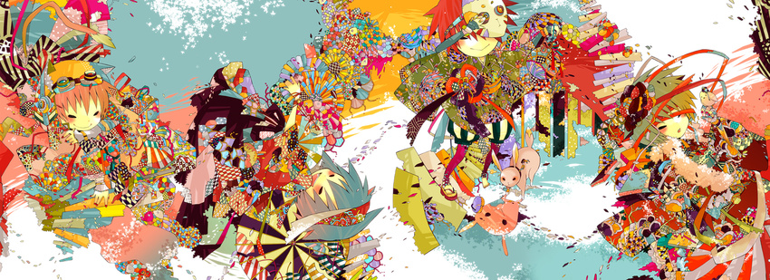 abstract androgynous animal argyle blue_hair blush blush_stickers bunny closed_eyes colorful floral_print full_body fur_trim goggles goggles_on_head green_hair hair_ornament hair_ribbon harikamo highres japanese_clothes kimono mask nail_polish open_mouth orange_hair original pantyhose pink_legwear puffy_shorts red_nails red_ribbon reflection removing_mask ribbon sandals sash short_hair shorts smile standing striped striped_shorts surreal two-tone_background upside-down vertical_stripes