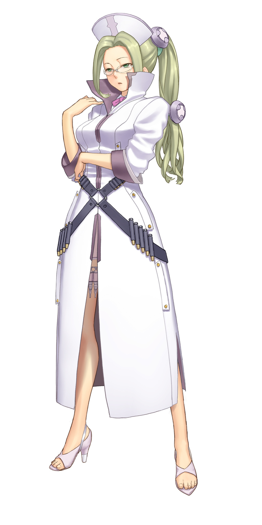 absurdres ar_tonelico ar_tonelico_iii bandolier blonde_hair bullet coat full_body glasses green_eyes hair_ornament hat high_heels highres labcoat long_coat long_hair nagi_ryou nurse nurse_cap official_art ponytail shoes simple_background solo syringe yurishica