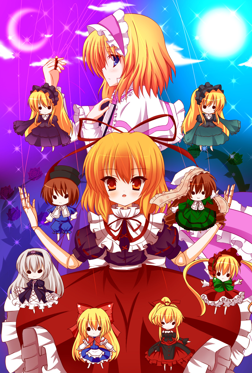 :3 alice_margatroid bad_id bad_pixiv_id blonde_hair blue_eyes character_doll crescent_moon doll doll_joints dress hairband highres hortense kuromari_(runia) medicine_melancholy moon multiple_girls red_eyes roman rozen_maiden shanghai_doll shinku short_hair sound_horizon souseiseki su-san suigintou suiseiseki touhou violette