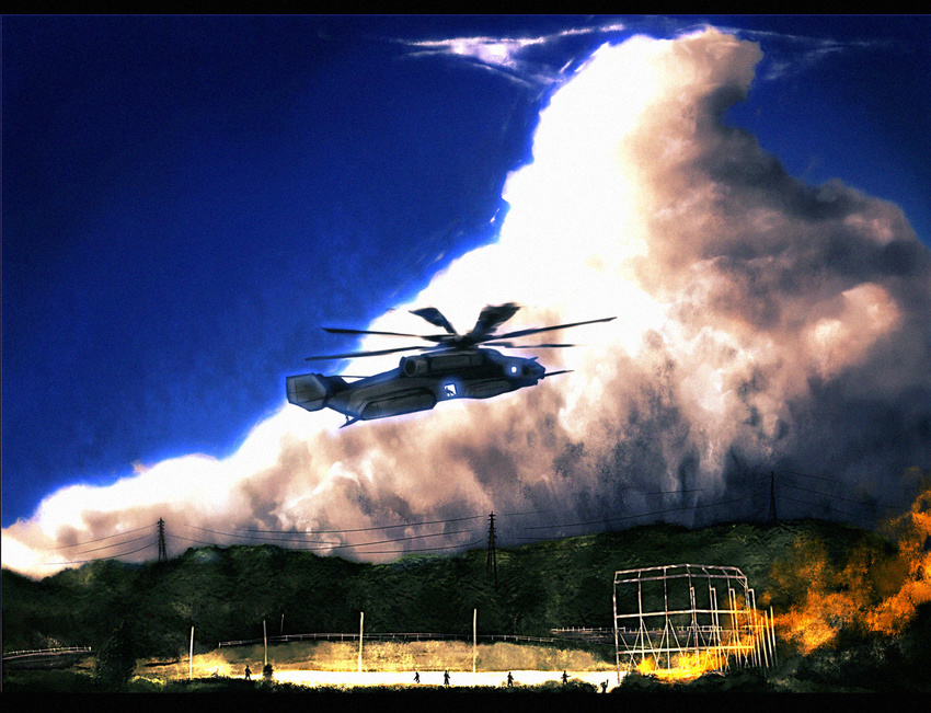 aircraft cloud commentary helicopter highres letterboxed military multiple_boys onibi_(foxhound4185) original power_lines scenery sky