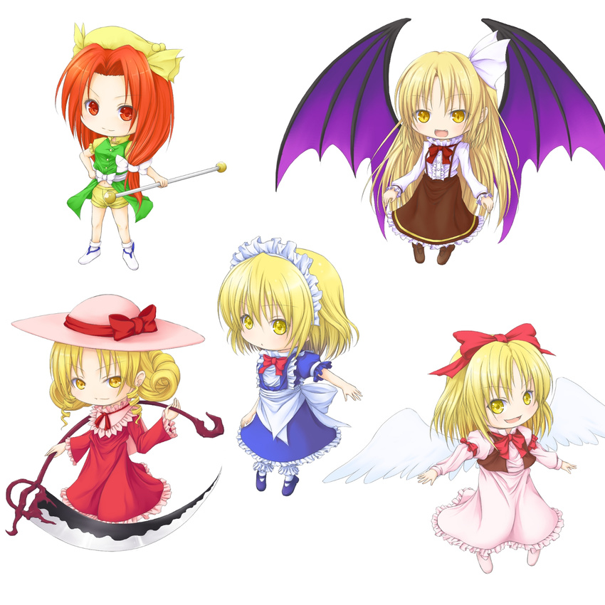 blonde_hair chibi elly gengetsu hat highres kurumi_(touhou) long_hair lotus_land_story maid maid_headdress mugetsu multiple_girls orange_(touhou) reg_(artist) ribbon scythe touhou touhou_(pc-98) twirl_baton wings