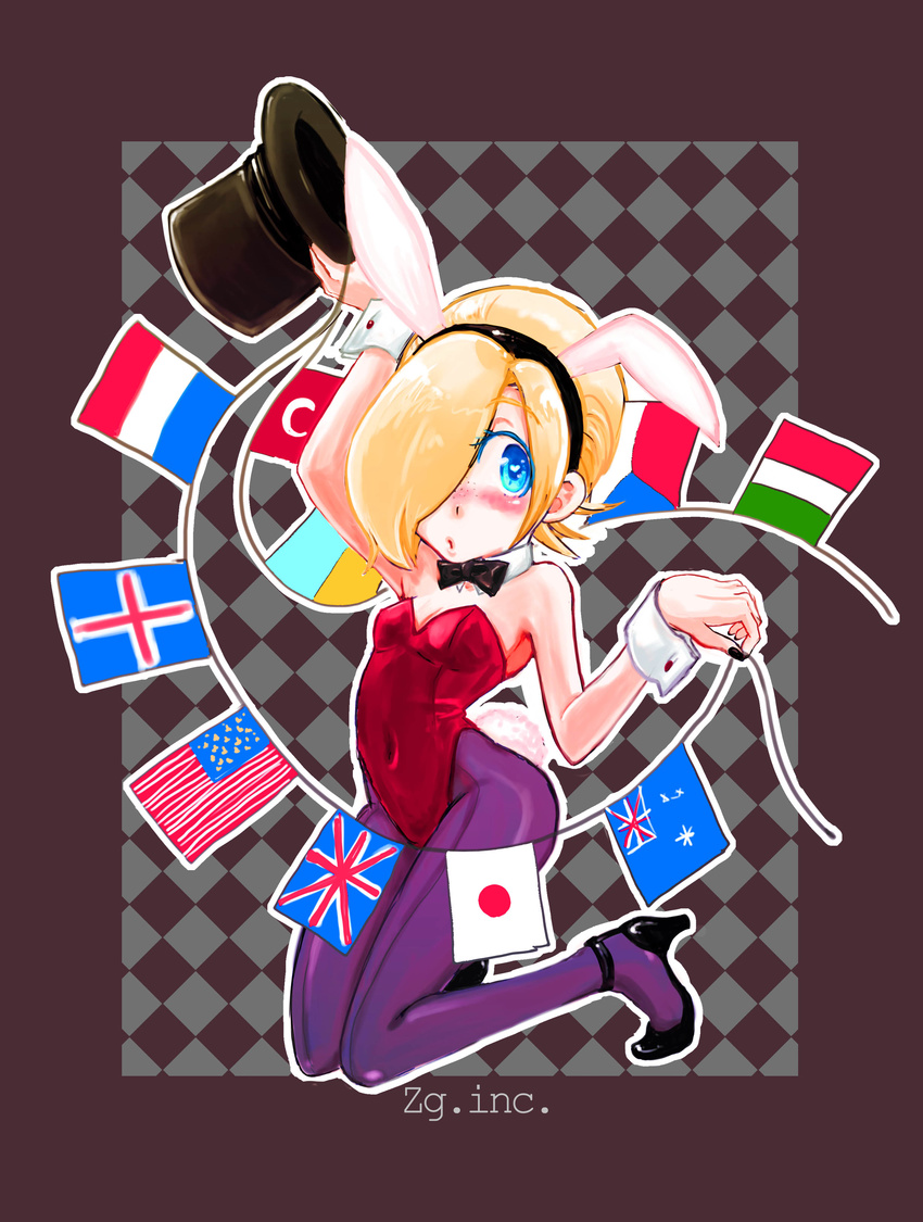 absurdres american_flag animal_ears ash_crimson australian_flag bad_id bad_pixiv_id blonde_hair blue_eyes bunny_boy bunny_ears bunnysuit czech_flag flag flags_of_all_nations french_flag genderswap genderswap_(mtf) hair_over_one_eye hat highres icelandic_flag italian_flag japanese_flag pantyhose shinomiya_masamune short_hair snk solo string_of_flags the_king_of_fighters top_hat turkish_flag ukrainian_flag union_jack