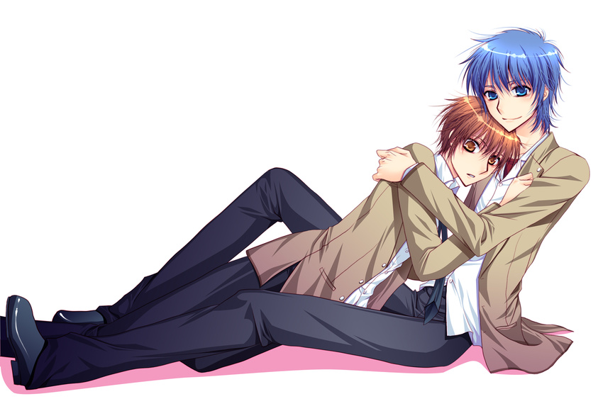 angel_beats! asano_akira blue_eyes blue_hair brown_eyes brown_hair hinata_(angel_beats!) hug male_focus multiple_boys otonashi_(angel_beats!) school_uniform