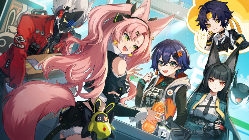 2boys 3girls absurdres amillion_(zenless_zone_zero) animal_ears aononchi asaba_harumasa bangboo_(zenless_zone_zero) belle_(zenless_zone_zero) billy_kid black_gloves black_hair black_necktie blue_hair crossed_bangs dress_shirt earrings expressionless fingerless_gloves fingernails fox_ears fox_girl fox_tail gloves green_eyes green_jacket hair_between_eyes hair_ornament hairclip highres hoshimi_miyabi indoors jacket jewelry long_hair multiple_boys multiple_girls nail_polish necktie nicole_demara open_mouth pink_hair red_eyes red_jacket shirt short_hair sidelocks smile sweatdrop tail teeth upper_teeth_only white_hair white_shirt yellow_eyes zenless_zone_zero