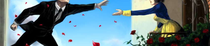 1girl artist_request bioshock bioshock_infinite black_hair booker_dewitt elizabeth_(bioshock_infinite) flower formal head_out_of_frame long_image outstretched_hand petals red_flower red_rose rose rose_petals short_hair suit wide_image