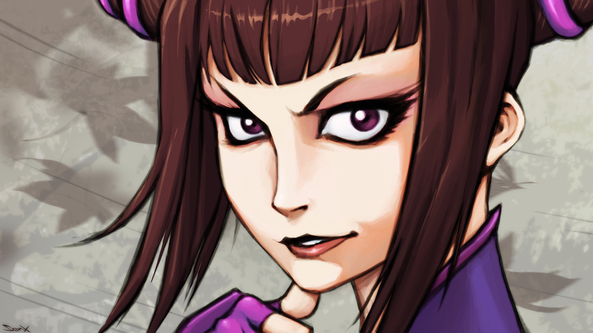 bangs black_hair blunt_bangs close-up drill_hair face finger_to_face freideugoi gloves han_juri highres leaf looking_at_viewer parted_lips purple_eyes short_hair smile solo street_fighter twin_drills