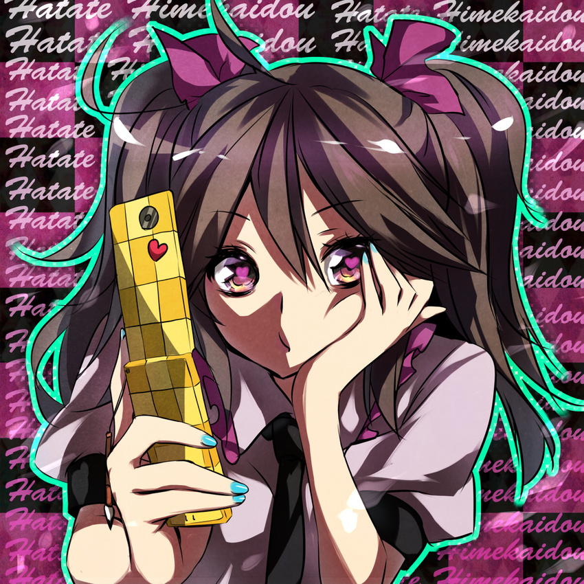 bad_id bad_pixiv_id banned_artist blue_nails brown_eyes brown_hair cellphone checkered chin_rest expressionless heart heart-shaped_pupils highres himekaidou_hatate nail_polish phone short_hair solo suisen symbol-shaped_pupils touhou twintails