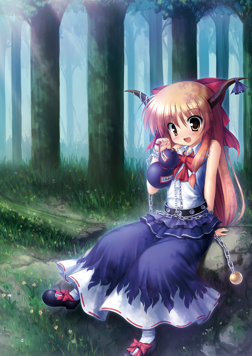 belt bow chain fang flower forest gourd hair_bow highres horns ibuki_suika log long_hair nature open_mouth orange_hair sitting sitting_on_object sitting_on_rock smile solo takeponi touhou tree wrist_cuffs yellow_eyes