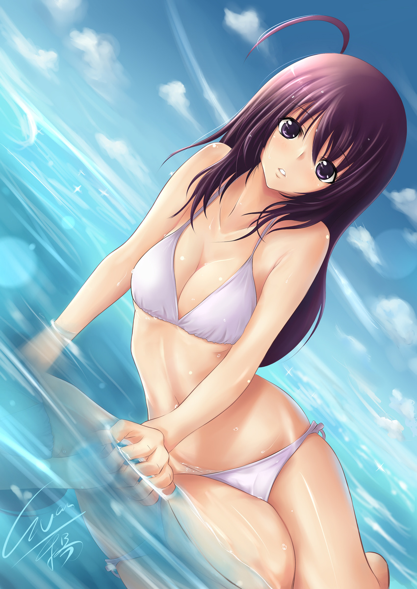 absurdres ahoge arm_support bikini dutch_angle evan_yang highres long_hair lying on_side original purple_eyes purple_hair reflection solo submerged swimsuit water