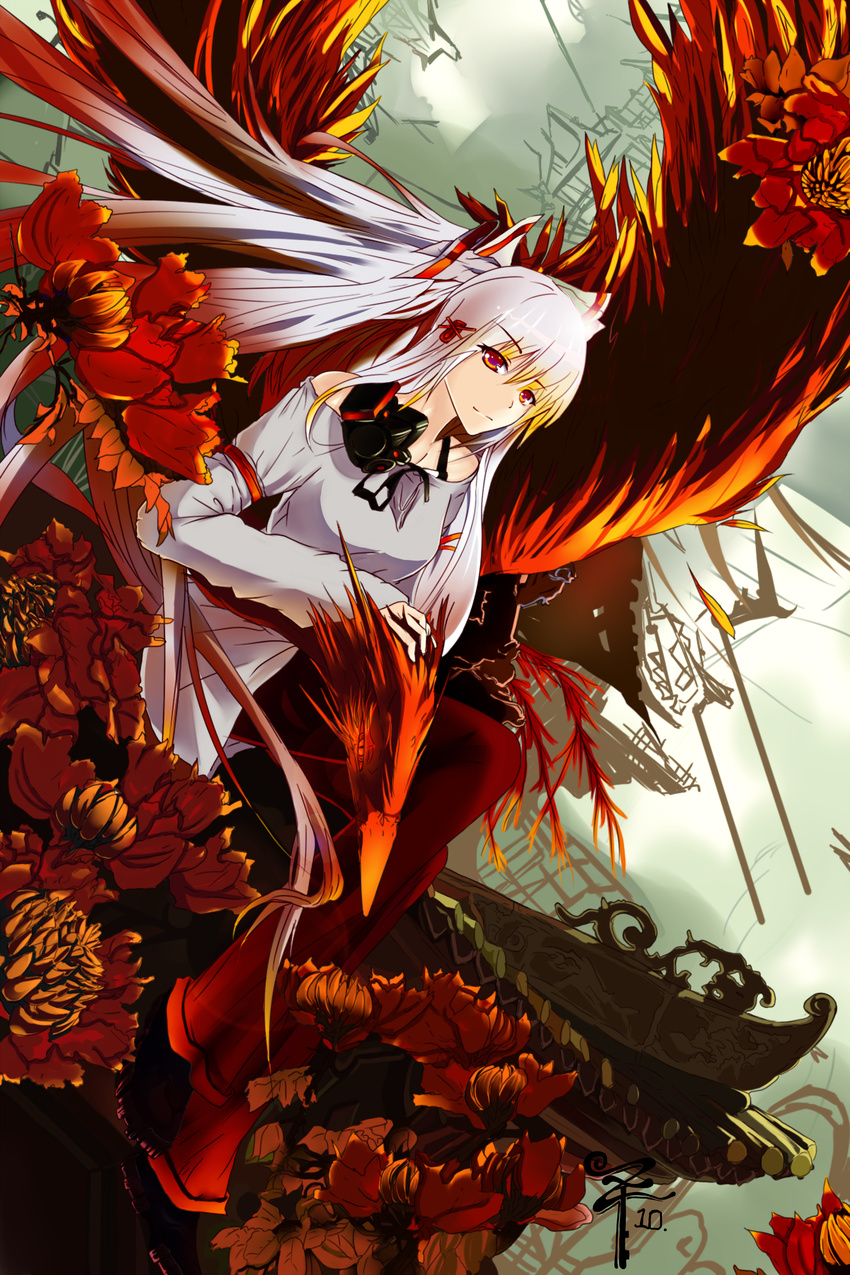 absurdres alternate_costume bird bow colorized contemporary flower fujiwara_no_mokou hair_bow highres long_hair lowlight_kirilenko phoenix red_eyes silver_hair solo touhou toyozero