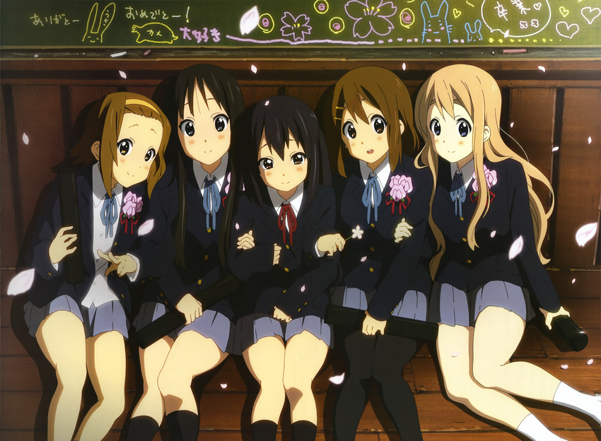 absurdres akiyama_mio black_hair blonde_hair blush brown_hair diploma flower graduation hair_ornament hairband hairclip happy highres hirasawa_yui k-on! kotobuki_tsumugi long_hair multiple_girls nakano_azusa neck_ribbon official_art oota_rika pantyhose petals red_ribbon ribbon scan school_uniform short_hair smile socks tainaka_ritsu tears