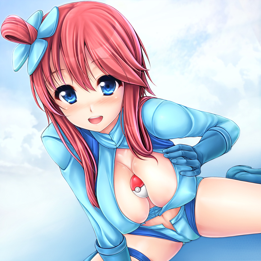 between_breasts blue_eyes blush breasts cleavage downblouse fuuro_(pokemon) gloves gym_leader hair_ornament large_breasts long_hair midriff navel open_clothes open_fly open_mouth open_shirt poke_ball poke_ball_(generic) pokemon pokemon_(game) pokemon_bw red_hair shirt short_shorts shorts sitting smile solo suspenders uni8 unzipped wariza