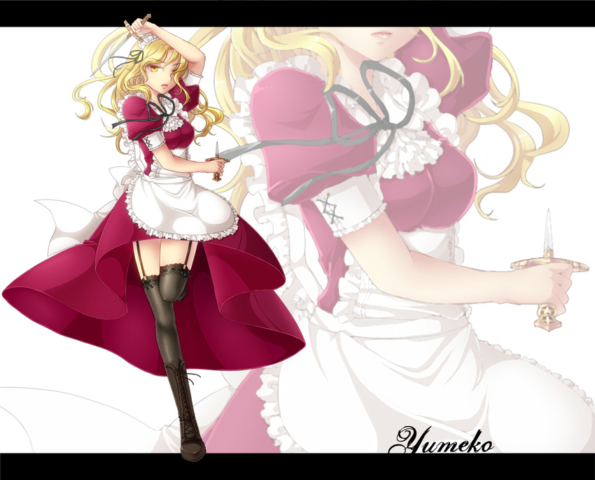bad_id bad_pixiv_id black_legwear blonde_hair boots character_name cross-laced_footwear dagger dual_wielding garter_straps geike holding knife lace-up_boots long_hair maid solo thighhighs touhou touhou_(pc-98) weapon yellow_eyes yumeko zoom_layer
