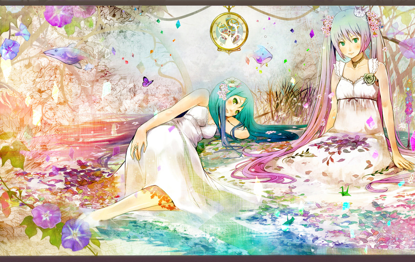 aqua_eyes aqua_hair blush bug butterfly choker clock crown dress fish flower green_eyes insect letterboxed long_hair lying morning_glory multicolored_hair multiple_girls on_side origami original paper_crane petals shigureteki sitting smile twintails very_long_hair water