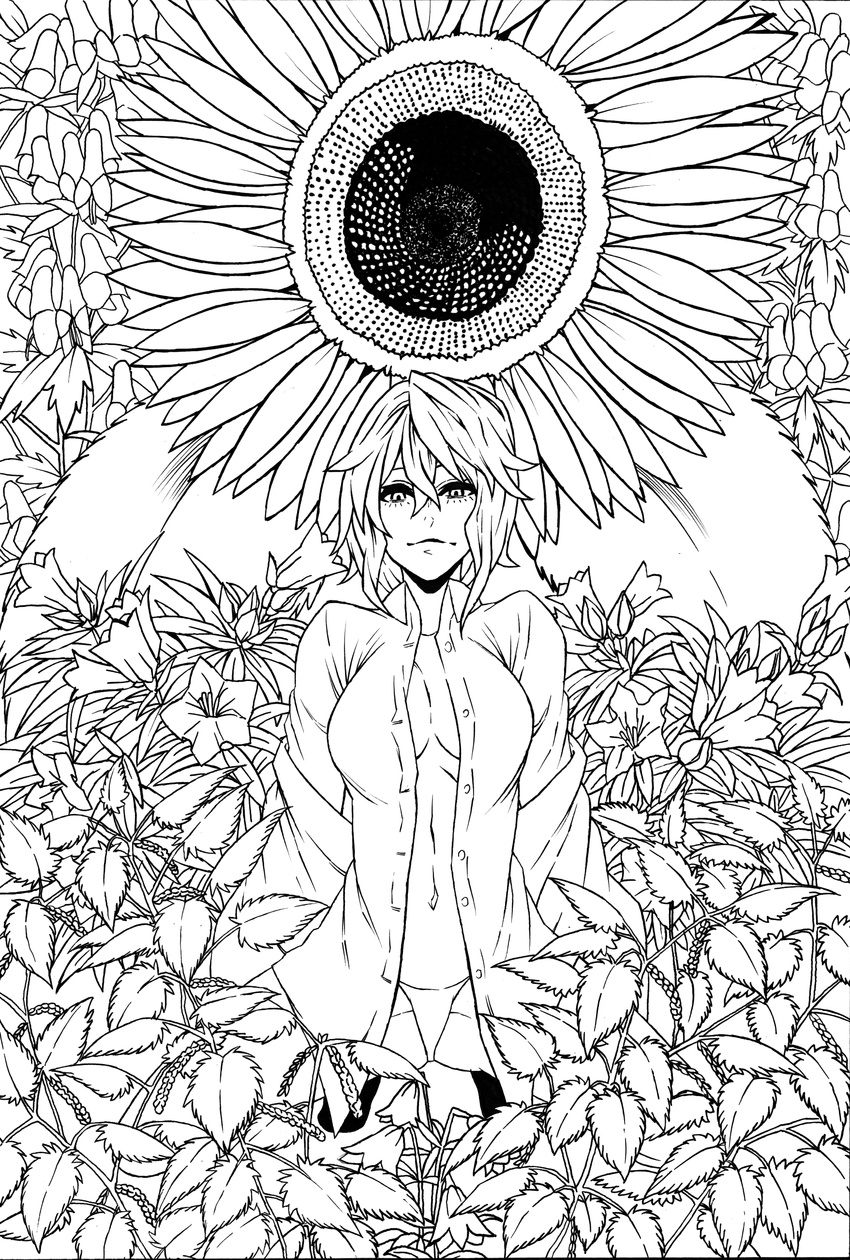 absurdres bad_id bad_pixiv_id breasts cleavage dress_shirt flower greyscale highres iro_marimo kazami_yuuka large_breasts monochrome no_bra no_pants open_clothes open_shirt panties shirt solo squatting sunflower touhou underwear