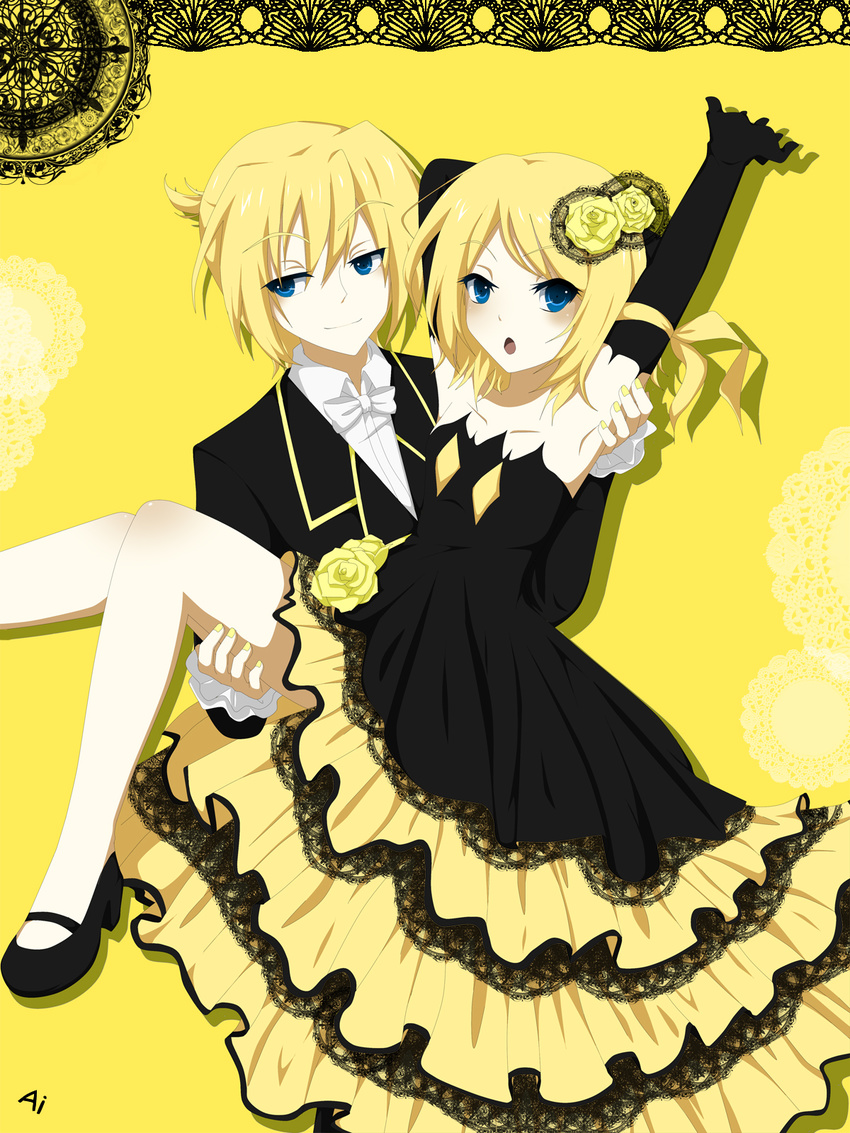 1girl armpits bad_id bad_pixiv_id bare_shoulders blonde_hair blue_eyes bow bowtie brother_and_sister carrying dress elbow_gloves flower gloves highres kagamine_len kagamine_rin kuroha_ai princess_carry rose short_hair siblings smile twins vocaloid yellow