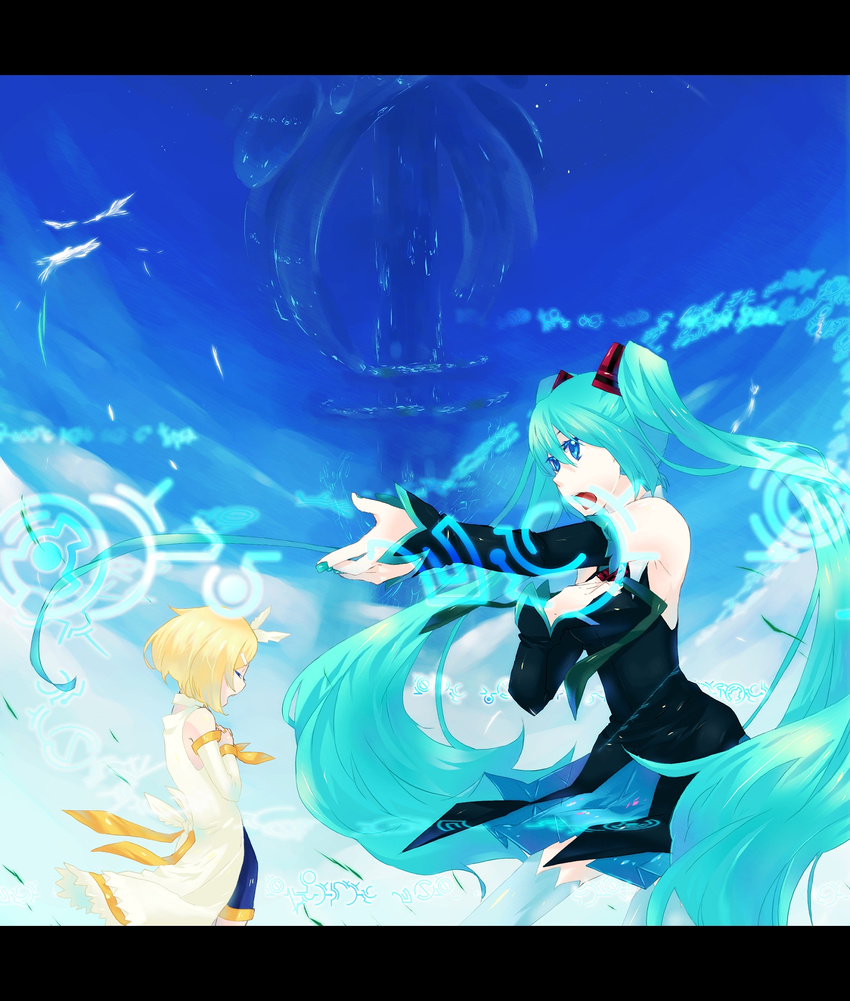 aqua_hair aqua_nails ar_tonelico bare_shoulders blonde_hair blue_eyes bow detached_sleeves exec_resolution/._(vocaloid) hair_bow hand_on_own_chest hatsune_miku highres hymmnos kagamine_rin long_hair multiple_girls music nail_polish short_hair singing sky twintails very_long_hair vocaloid yumemitsuki