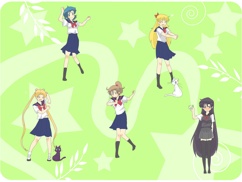 aino_minako artemis_(sailor_moon) bad_id bad_pixiv_id bishoujo_senshi_sailor_moon black_hair blonde_hair blue_eyes blue_hair blue_sailor_collar blush bow cat dancing double_bun green_eyes hino_rei juuban_middle_school_uniform kino_makoto long_hair lotte_fits luna_(sailor_moon) magical_girl mizuno_ami multiple_girls neko_(bio-cat) parody ponytail red_bow sailor_collar sailor_moon school_uniform serafuku short_hair ta_girls_school_uniform tsukino_usagi