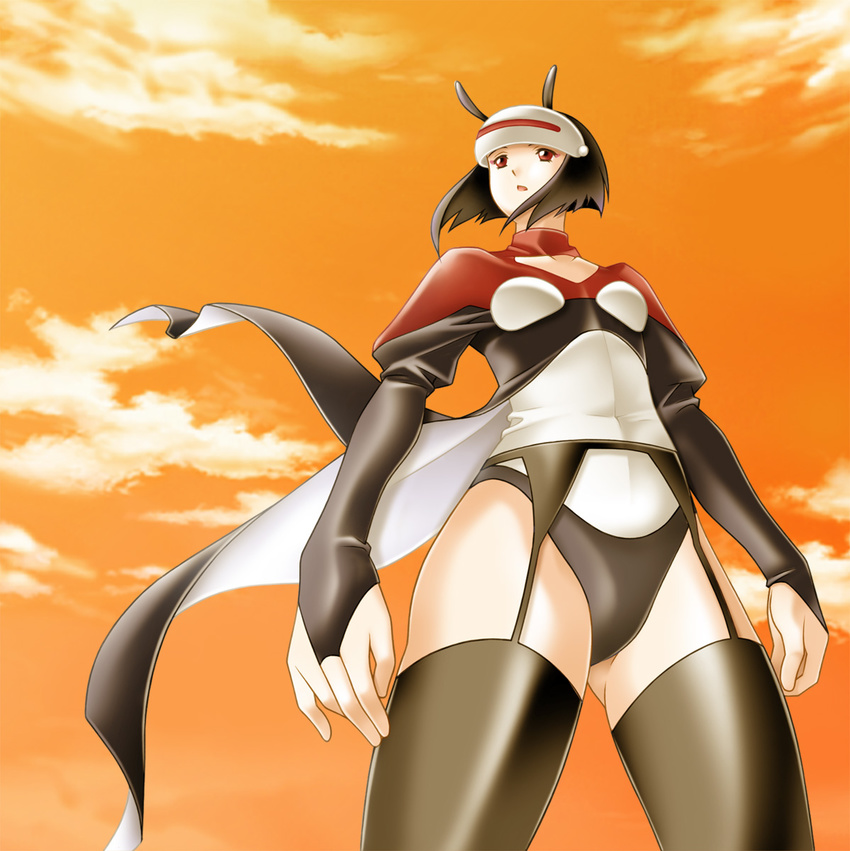 antennae bad_id bad_pixiv_id black_hair cloud from_below ghost_sweeper_mikami highres luciola open_mouth red_eyes sky solo tamamon thighhighs visor