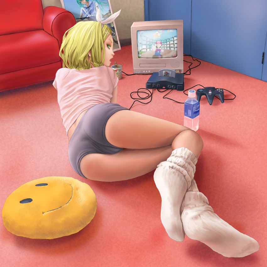 ass back blonde_hair bottle cameltoe cameo casual couch cup_ramen feet foreshortening from_behind game_console green_eyes hair_ornament hair_ribbon hairclip hatsune_miku highres kagamine_rin legs lips looking_back lying mario mario_(series) midriff nintendo_64 on_side open_mouth pantylines photo_(object) pi_(pppppchang) pillow playing_games pocari_sweat pov_feet presenting product_placement profile realistic ribbon school_uniform screencap shirt short_hair short_shorts shorts smiley_face socks solo super_mario_64 super_mario_bros. t-shirt television vocaloid water_bottle