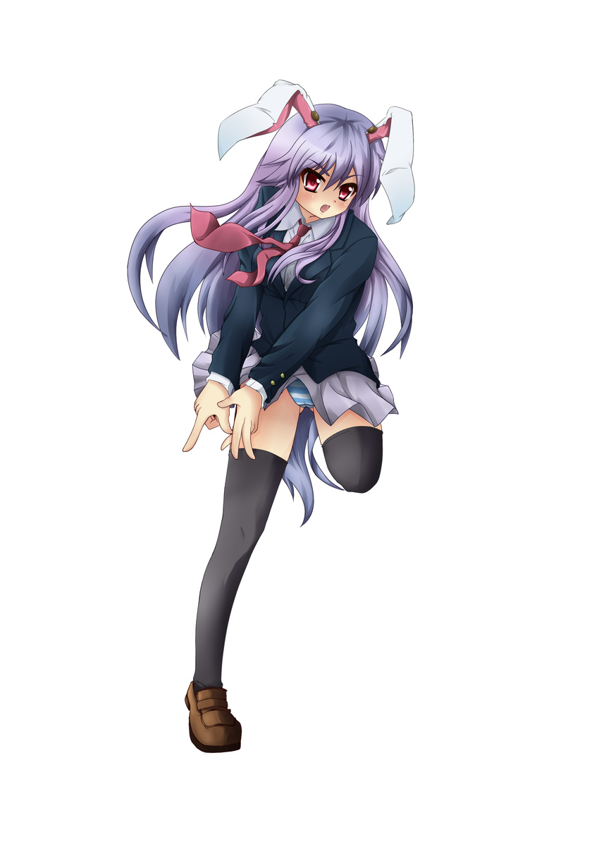 absurdres animal_ears bad_id bad_pixiv_id blazer bunny_ears full_body highres jacket legs loafers long_hair miniskirt necktie open_mouth panties purple_hair red_eyes reisen_udongein_inaba satoutakahumi shoes simple_background skirt solo striped striped_panties thighhighs touhou underwear upskirt v_arms
