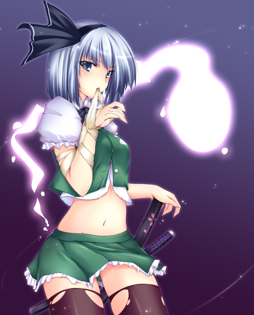 absurdres bandages blue_eyes highres katana konpaku_youmu konpaku_youmu_(ghost) midriff navel short_hair silver_hair skirt solo sword thighhighs torn_clothes torn_legwear touhou weapon yui.h