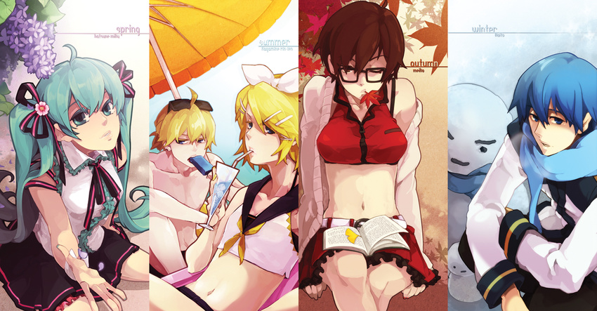 3girls aqua_eyes aqua_hair autumn beach bespectacled blonde_hair blue_eyes blue_hair blue_scarf book brown_eyes brown_hair column_lineup flower glasses hair_flower hair_ornament hatsune_miku kagamine_len kagamine_rin kaito leaf meiko midriff multiple_boys multiple_girls navel one_eye_closed scarf seasons short_hair skirt spring_(season) summer twintails vocaloid winter zorim