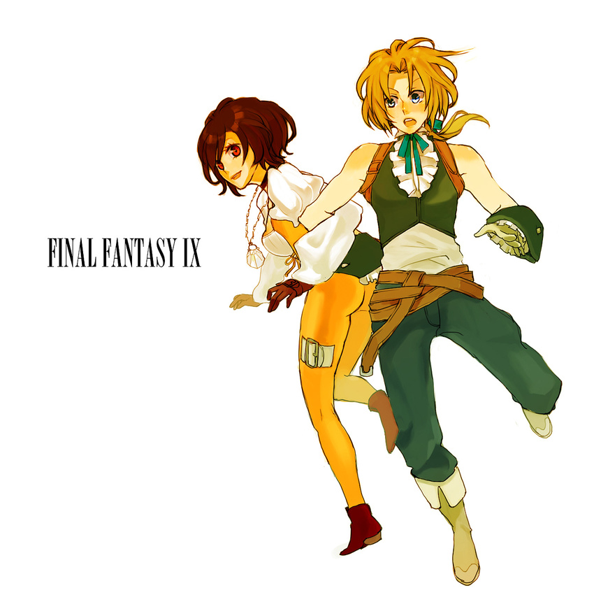 1girl ass blonde_hair blue_eyes bodysuit brown_hair copyright_name final_fantasy final_fantasy_ix garnet_til_alexandros_xvii highres minotime orange_bodysuit ponytail red_eyes short_hair white_background zidane_tribal