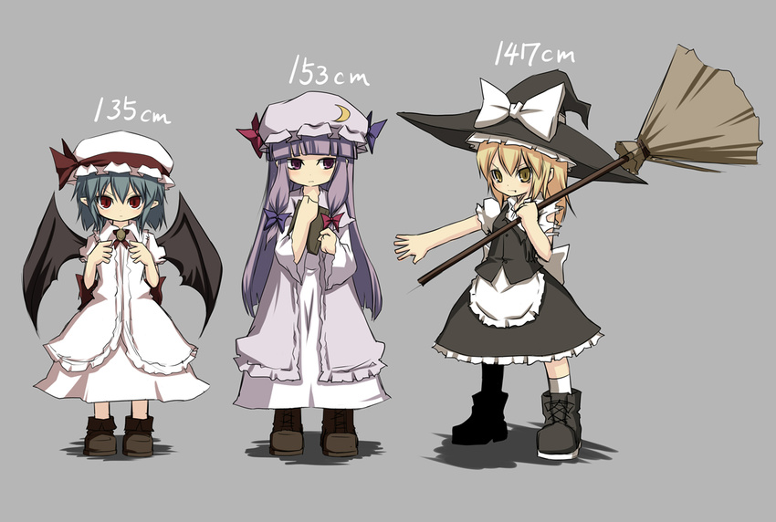 blonde_hair blue_hair book boots broom hat height_chart kirisame_marisa long_hair multiple_girls noya_makoto patchouli_knowledge purple_eyes purple_hair red_eyes remilia_scarlet ribbon short_hair touhou wings yellow_eyes