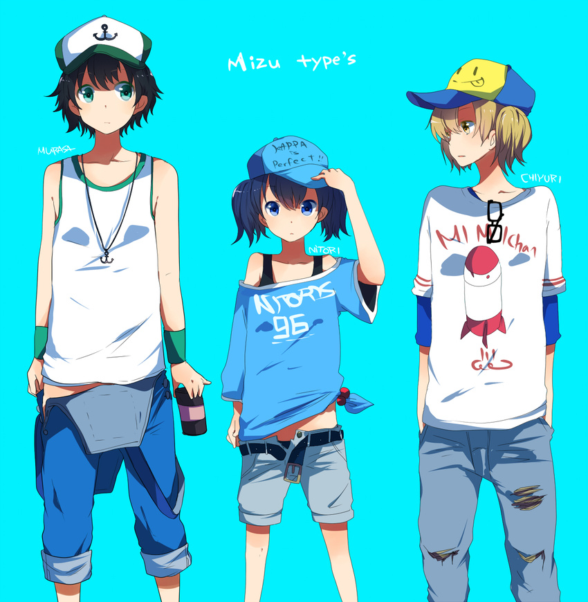 alternate_costume bad_id bad_pixiv_id baseball_cap black_hair blonde_hair blue_eyes blue_hair casual clothes_writing contemporary green_eyes hat highres kawashiro_nitori kitashirakawa_chiyuri mimi-chan multiple_girls murasa_minamitsu off_shoulder pants pun2 shirt short_hair shorts t-shirt touhou touhou_(pc-98) twintails yellow_eyes