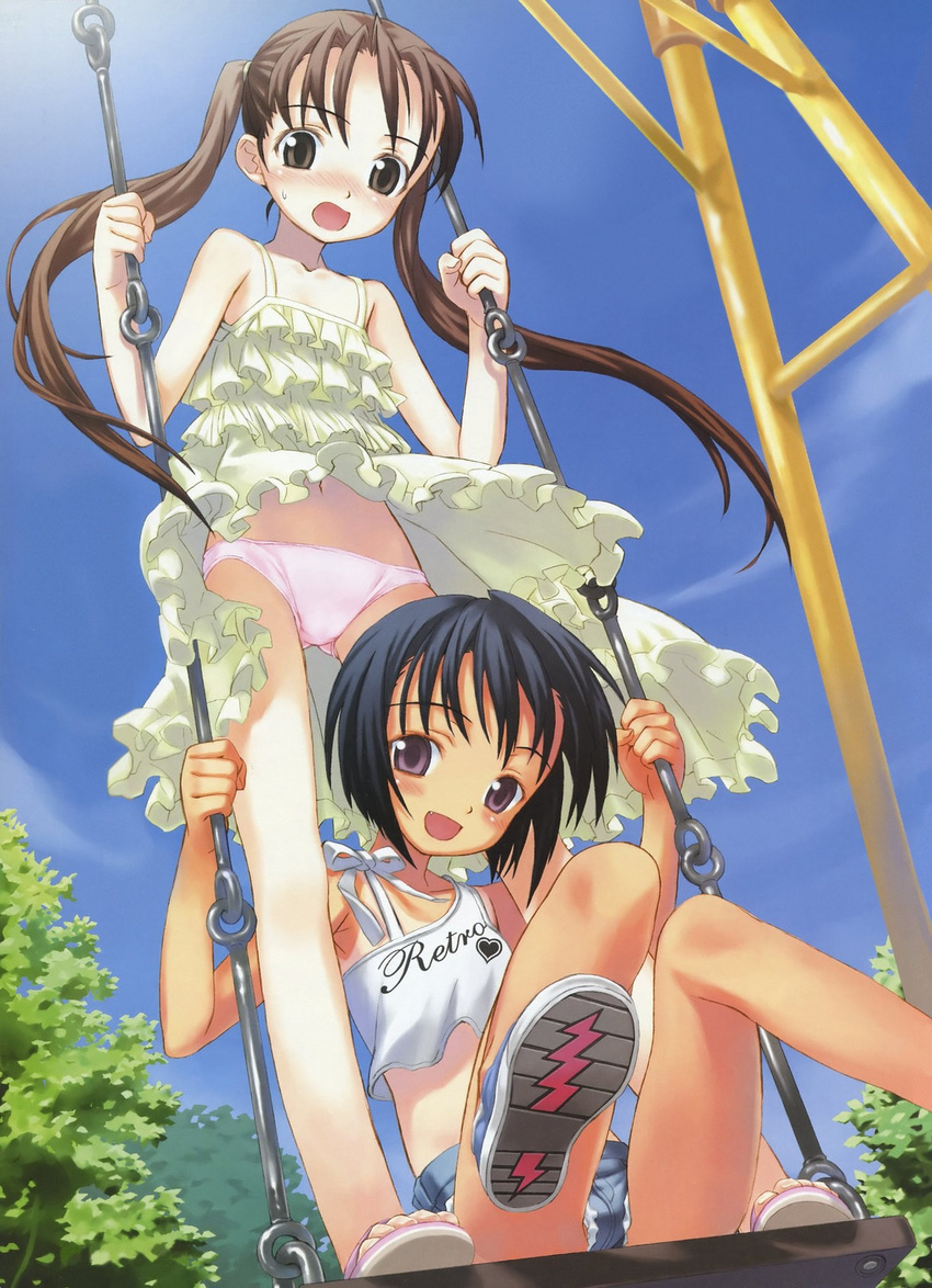 blue_hair blush brown_eyes brown_hair child copyright_request denim denim_shorts dress embarrassed fang flat_chest frills green_dress happy highres long_hair matsuryuu midriff multiple_girls navel one-piece_tan open_mouth panties petite pink_panties purple_eyes sandals shoe_soles short_hair shorts smile source_request sweatdrop swing tan tank_top tanline twintails underwear upskirt wind wind_lift