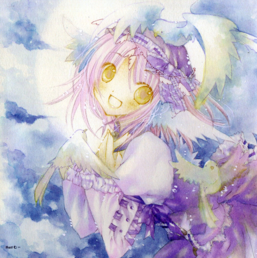 animal animal_ears animal_on_head artist_request bird bird_on_head blush dress hands_on_own_chest hat hat_ribbon highres mystia_lorelei on_head open_mouth pink_hair purple_dress ribbon short_hair smile solo touhou wings yellow_eyes