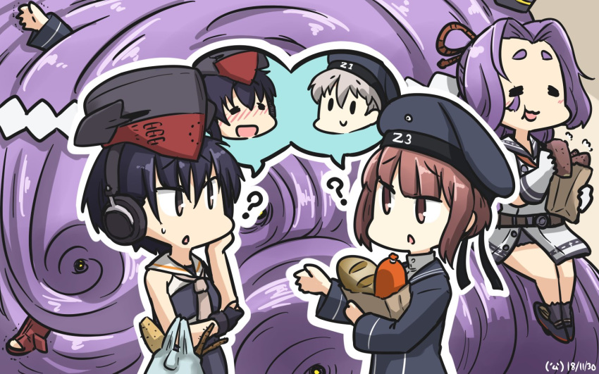 =_= ? absurdly_long_hair asymmetrical_hair bag baguette black_hair black_swimsuit blue_dress blue_eyes bread brown_eyes chibi clothes_writing commentary_request dated dress food framed_breasts gloves groceries hair_between_eyes hamu_koutarou hat hatsuharu_(kantai_collection) headphones highres i-13_(kantai_collection) i-14_(kantai_collection) kantai_collection living_hair long_hair multiple_girls one-piece_swimsuit paper_bag partly_fingerless_gloves peaked_cap plastic_bag ponytail purple_hair remodel_(kantai_collection) sailor_collar sailor_dress sailor_hat school_swimsuit short_hair silver_hair single_glove sitting speech_bubble sweet_potato swimsuit tsurime very_long_hair white_sailor_collar z1_leberecht_maass_(kantai_collection) z3_max_schultz_(kantai_collection)